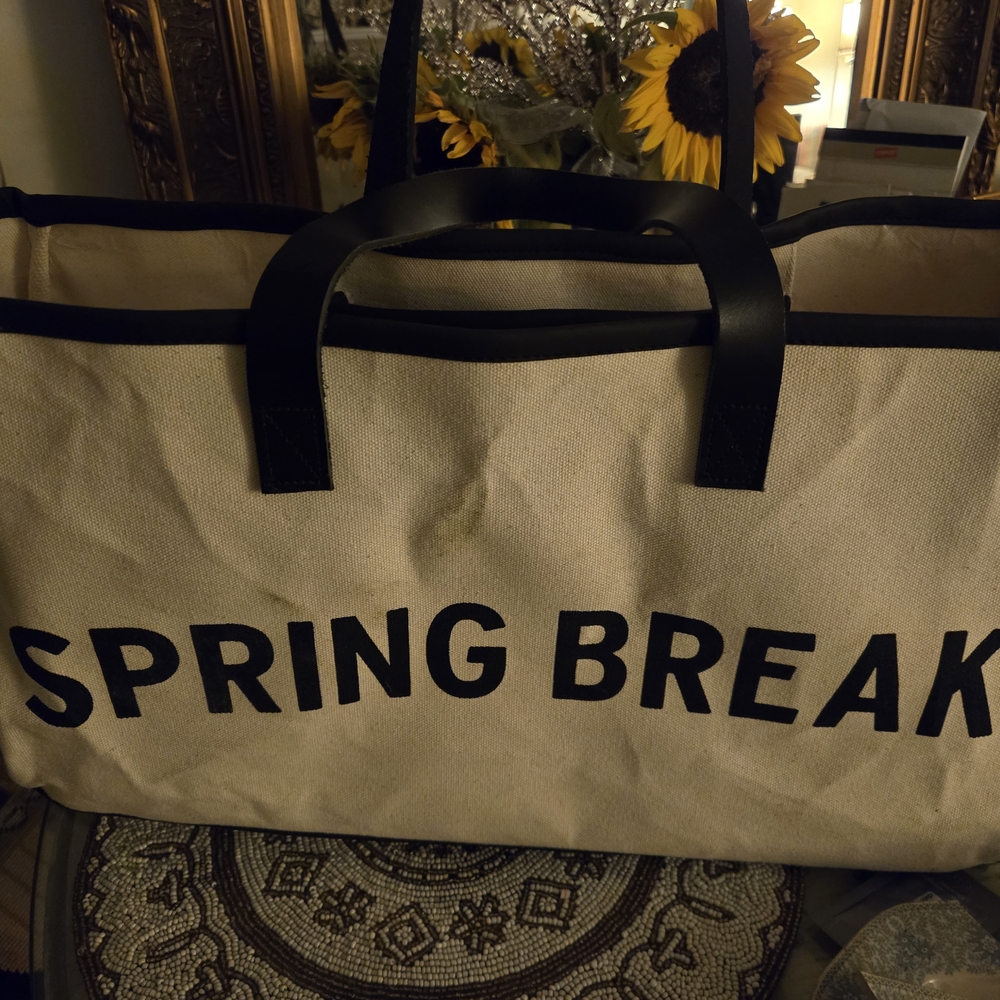 Spring Break Canvas Tote Bag - Black and Cream 19  Lx 10in H X 7 Blk Handles